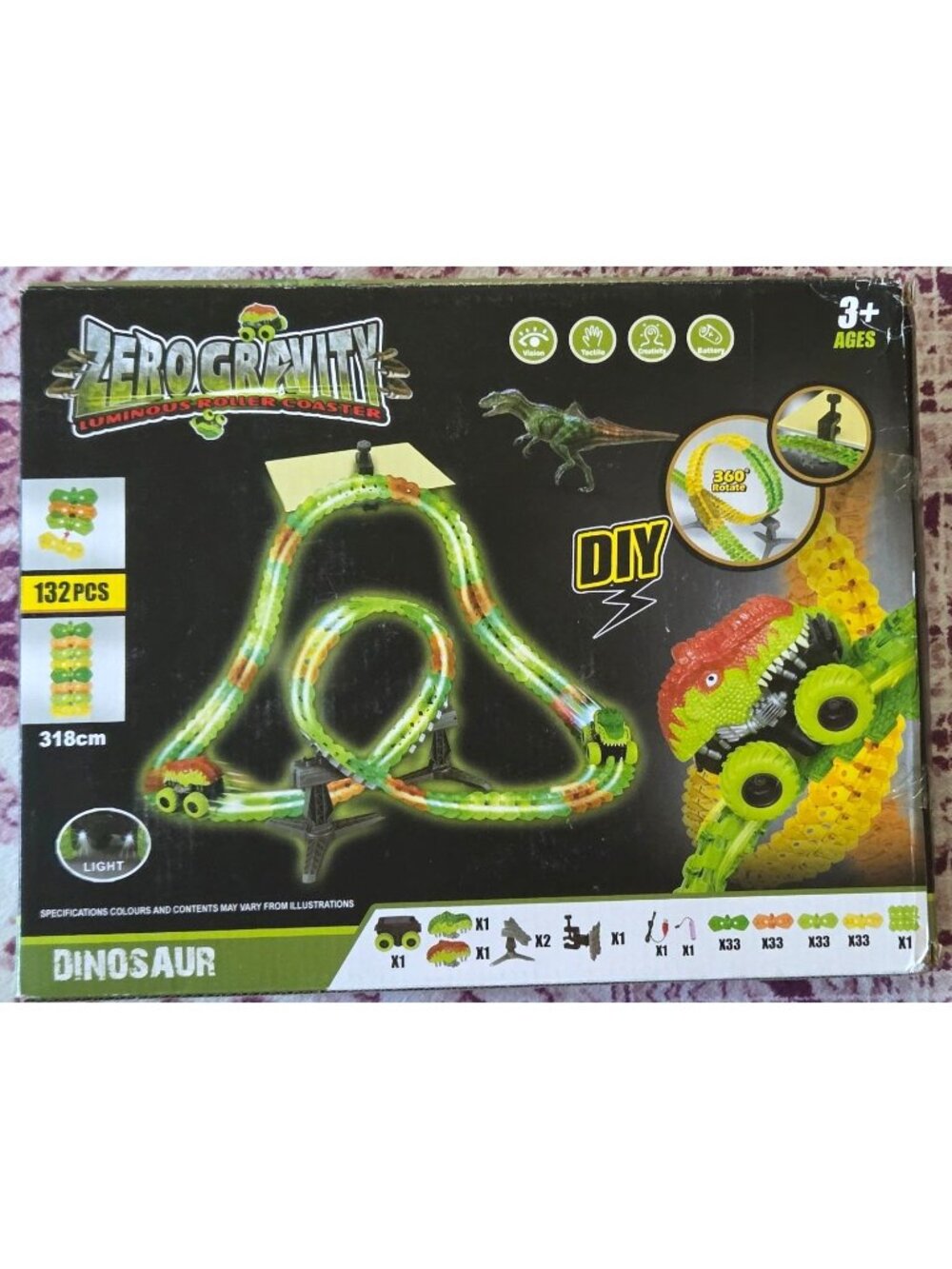 Zero Gravity Dino Roller Coaster Track 132pc Glow Set Kids 3+ Toy New Fun
